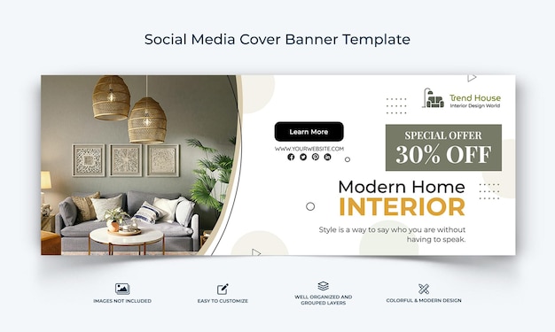 Vettore vettore premium del modello di banner di copertina di facebook dei social media di interior design