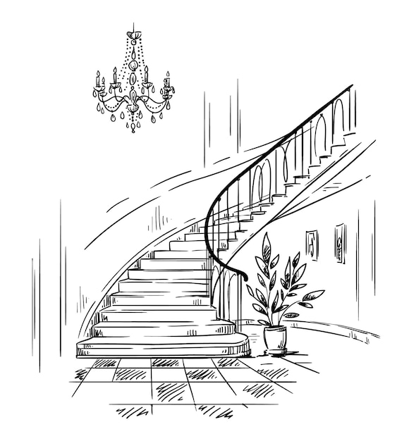 Vector interior design, spacious hall and staircase drawing vector