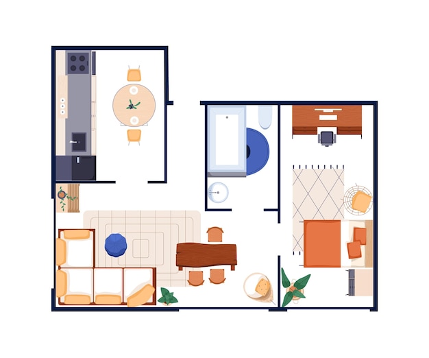 Дизайн интерьера, вид сверху. План этажа квартиры над головой. Планировка дома с мебелью. Дом с кухней, ванной, спальней, гостиной. Плоская векторная иллюстрация на белом фоне