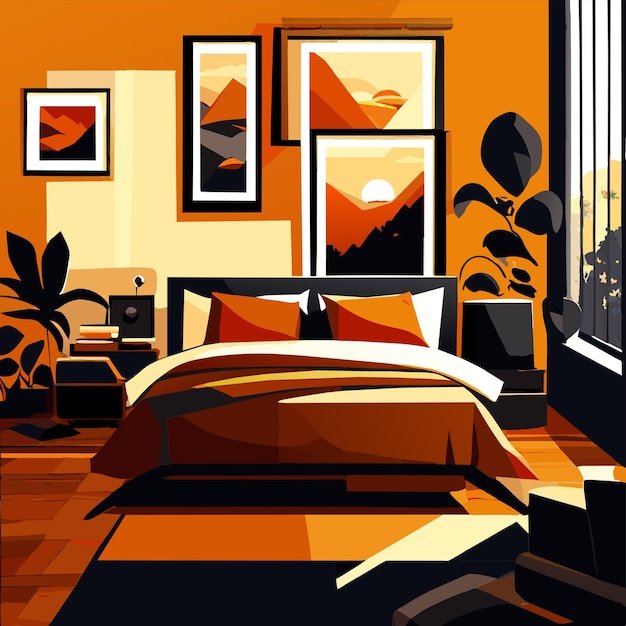 Vector interior design with photo frames and bed with pillows vector illustration