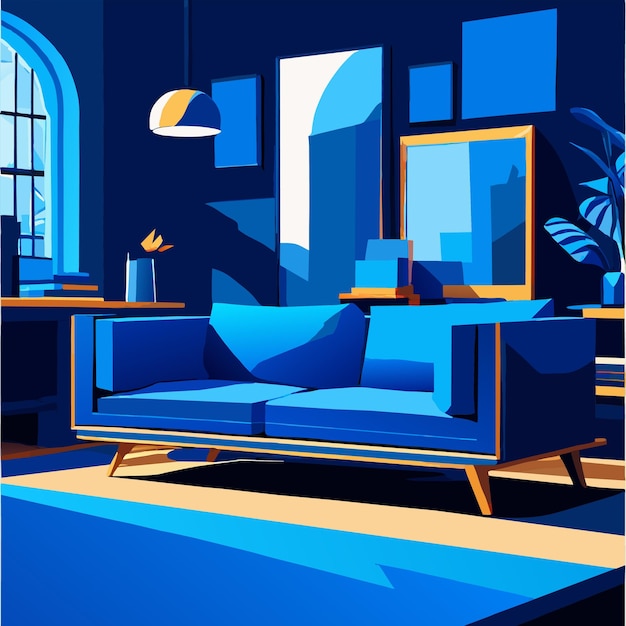 Interior design with photo frames and blue couch vector illustration