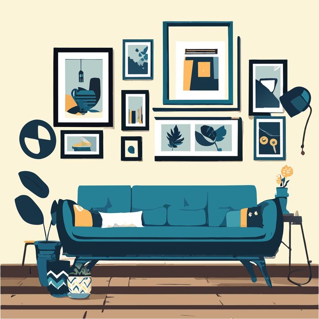 Interior design with photo frames and grey couch vector illustration