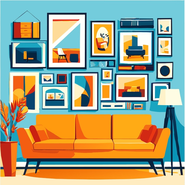 Vector interior design with photo frames and sofa or chair couch vector illustration