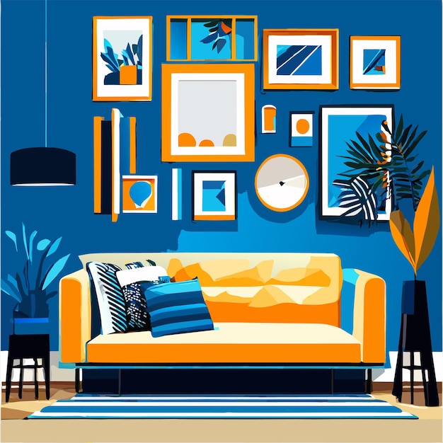 Vector interior design with photo frames and white couch vector illustration