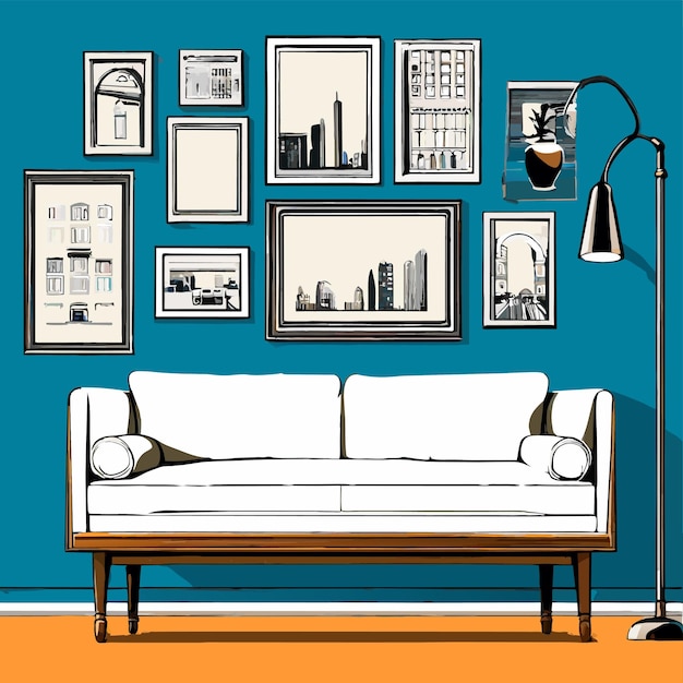 Vector interior design with photo frames and white couch vector illustration