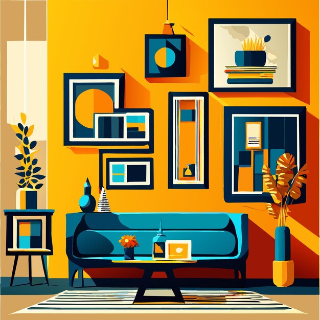 Vector interior design with photo frames and white couch vector illustration