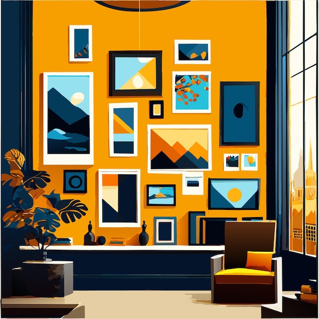 Vector interior design with photo frames and white couch vector illustration