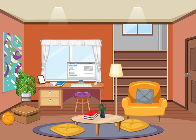 Vector interior design of workspace in living room