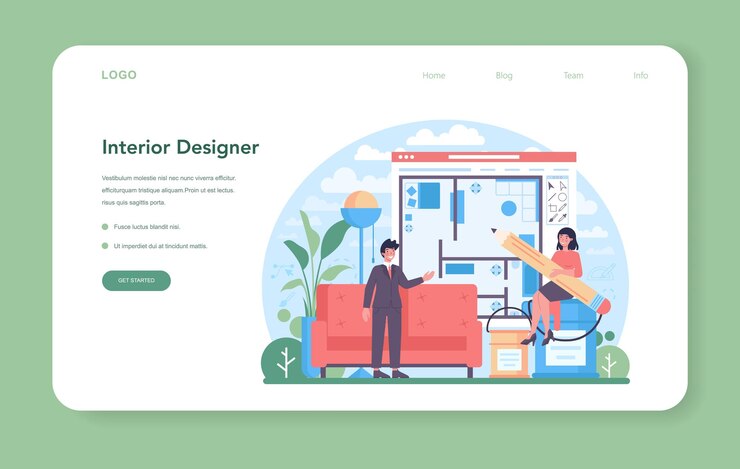 Vector interior designer web banner or landing page. decorator planning the design of a house, choosing wall color and furniture style. home renovation. isolated flat vector illustration
