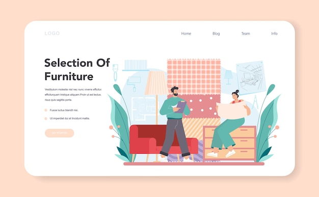 ベクトル インテリアデザイナーのウェブバナーまたはランディングページ。部屋のデザインを計画し、壁の色と家具のスタイルを選択するデコレータ。家の改修。分離されたフラットベクトル図