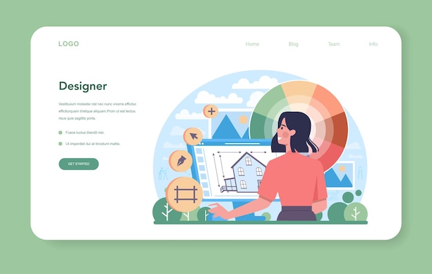 インテリアデザイナーのウェブバナーまたはランディングページ。デコレータの計画