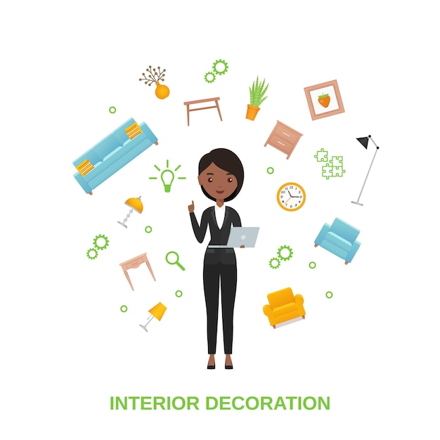 Vector interior designer with soaring furniture. vector illustration.