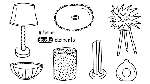 Set di elementi doodle interni. lampada piastra vaso tappeto candela pouf decoe design