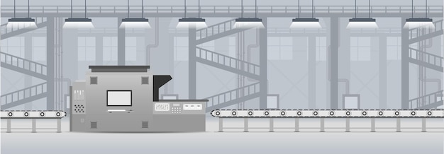 Вектор Интерьер фабрики с машиной и конвейерной лентой плоский дизайн векторные иллюстрации