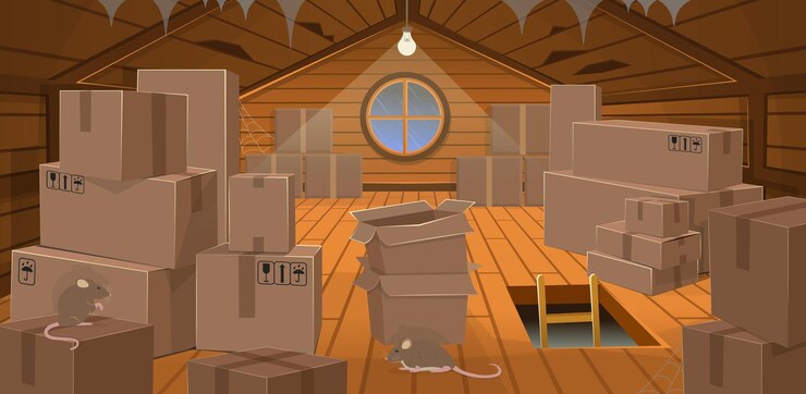 Vector interior flooded the wooden attic with boxes a window stairs and rats vector illustration of cart