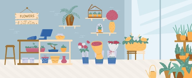 Vector interior of florist shop with flower bouquets blossom or green potted plants