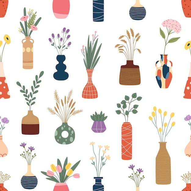 Vector interior flower vases vector seamless pattern