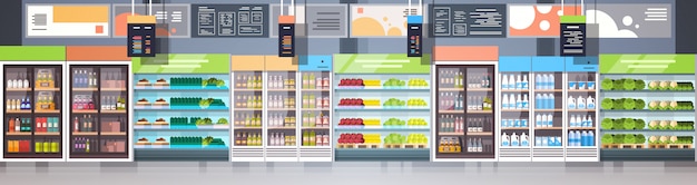 interior of grocery shop or supermarket with shelves rows retail store shopping concept horizontal banner