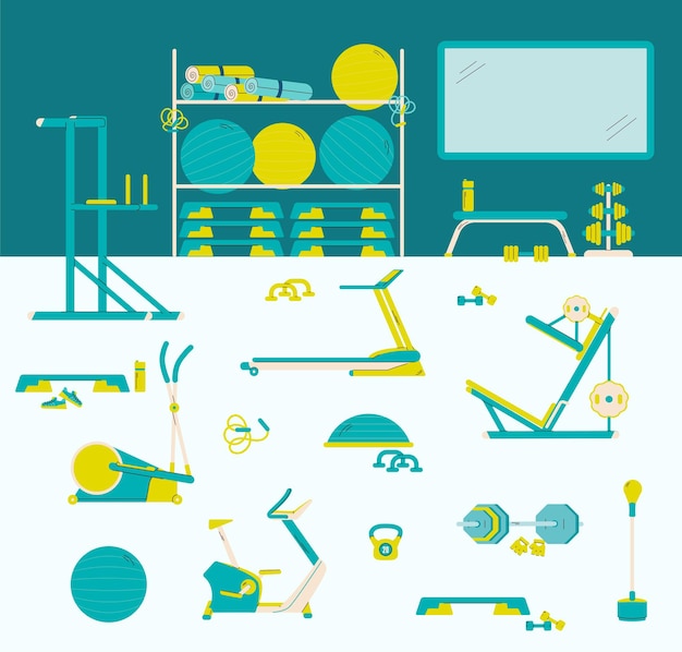 Interior of gym with isolated icons of sports equipment a vector illustration