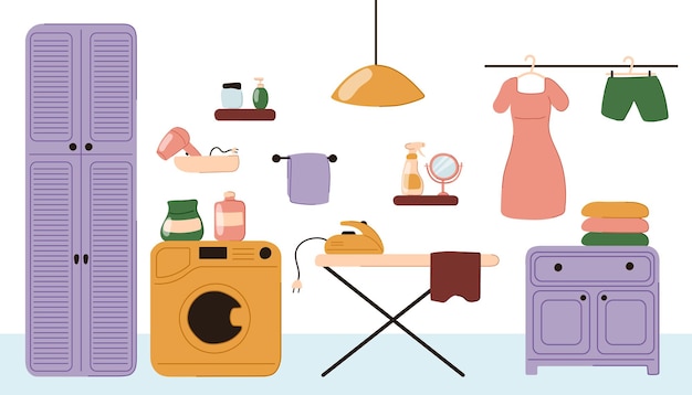 Интерьер домашней прачечной в плоском стиле шрифта гардероб стиральная машина жестяная доска железная одежда