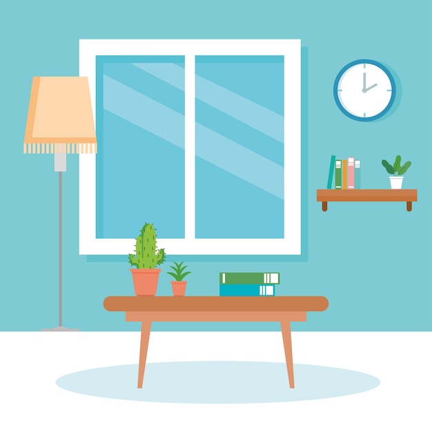 Vector interior of home scene with table, lamp, window and decoration.