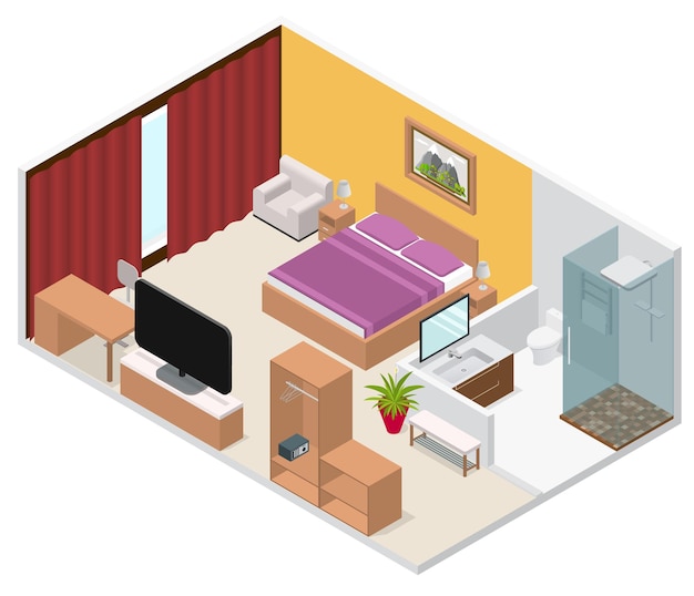 Interior Hotel Room Isometric View with Furniture and Equipment Comfortable and Classic Design. Vector illustration