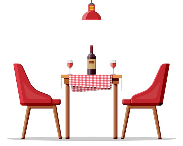 Vector interior of house dining room table with chairs and lamp restaurant or cafe bottle of wine and glasses romantic date concept furniture isolated on white cartoon flat vector illustration