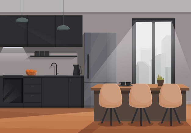 Vector interior of a kitchen in an apartment with furniture and a window overlooking the city vector illustration