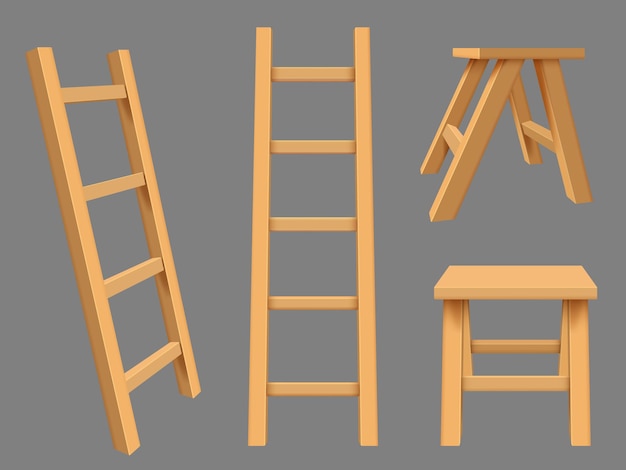 Scale interne. insieme realistico di vettore delle scale di legno degli oggetti della famiglia dell'alto aumento. illustrazione costruzione scala a pioli, scala e scala