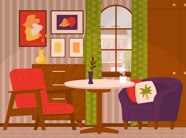 Vector interior of the living room in the apartment scene without people with two chairs standing at the table near the window pieces of furniture and decorations abstract paintings on the wall vector