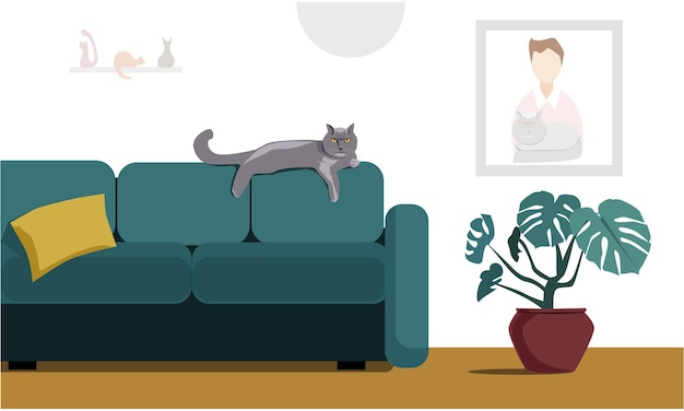 Vector interior living room british cat sofa painting flower cartoon illustration