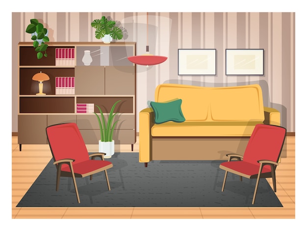 Interior of living room furnished with retro furniture and old-fashioned home decorations - cozy sofa, armchairs, shelving, house plants, lamp, carpet. illustration in flat cartoon style.