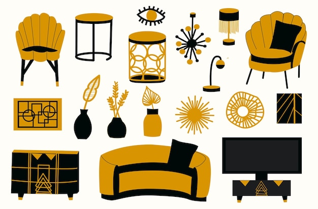 Vector the interior of the living room is art deco set of furniture illustration of isolated elements