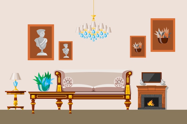 Interior of the living room in old victorian style with lounge and classic style furniture illustration.