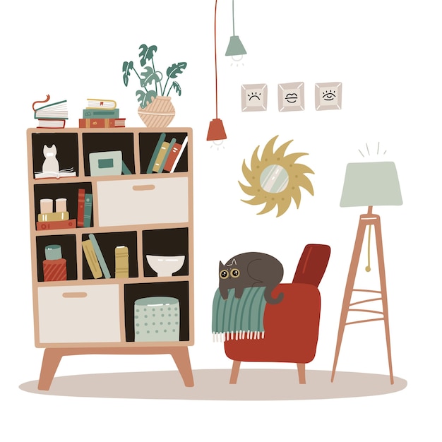 Interior of a living room with bookcase. Scandinavian cozy style. Flat hand drawn   illustration