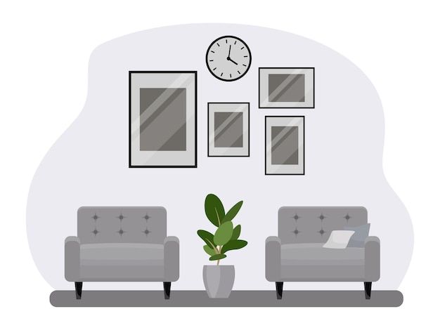 Vettore interno del soggiorno con mobili. stile cartone animato piatto. illustrazione vettoriale
