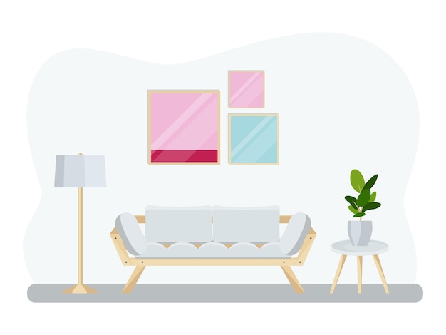 Vettore interno del soggiorno con mobili. stile cartone animato piatto. illustrazione vettoriale