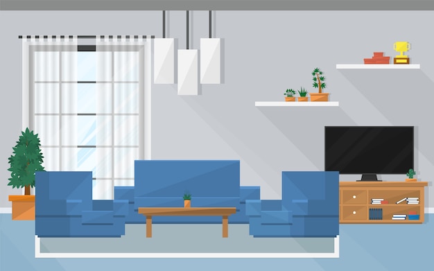 Vector interior living room with furniture and window.