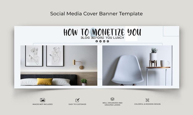 Vector interior minimal social media facebook cover banner template premium vector