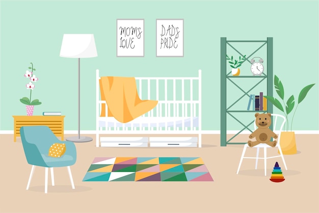 Interior of a modern childrens room Design of a cozy room with a playpen toys and decor items