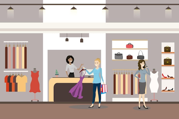 interior of modern and fashionable clothing storecaucasian female cashier and and women buyersflat
