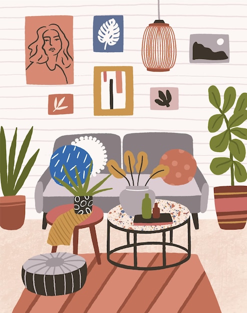 Interno di una casa moderna con divano, tavolino da caffè, lampada a sospensione, pouf, quadri da parete. accogliente soggiorno o appartamento arredato in stile hygge scandinavo alla moda. piatto colorato illustrazione vettoriale.