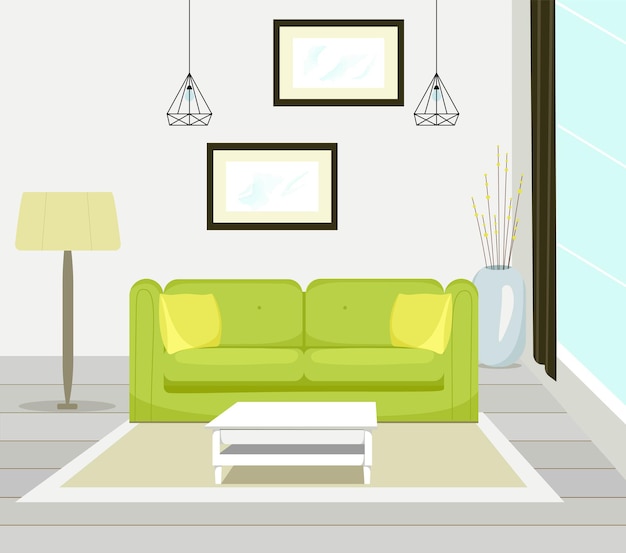 Interior of modern living room with sofa furniture table floor lamp large window wall painting