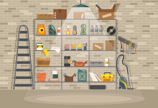 Vector interior of modern storeroom with metal shelves storage boxes stair brick wall background with household instruments and cleaning accessories light lamp vector illustration in flat style