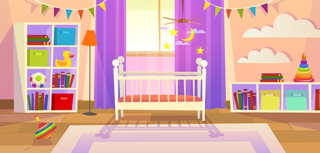 Вектор Интерьер детской комнаты для новорожденных мебель детская кроватка детские игрушки семейный стиль жизни детская игровая комната