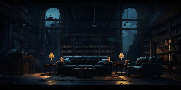 Вектор Интерьер темной комнаты с диваном и книжной полкой
