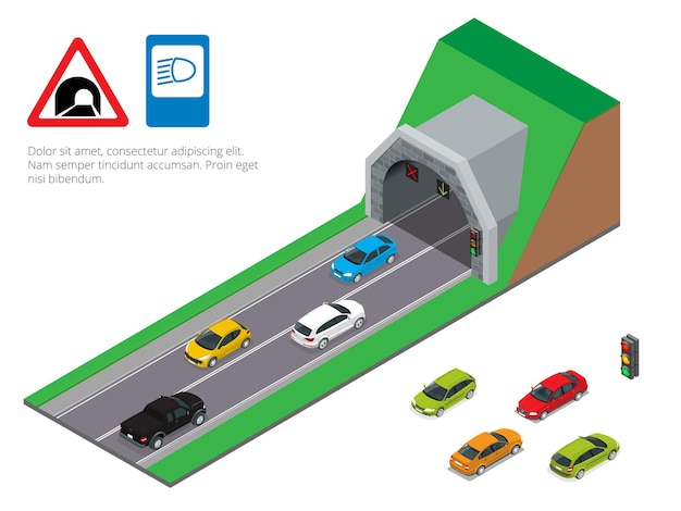 Интерьер городской пешеходной туннельной дороги. вождение автомобиля в туннеле. изометрическая туннельная дорога с плоской векторной иллюстрацией