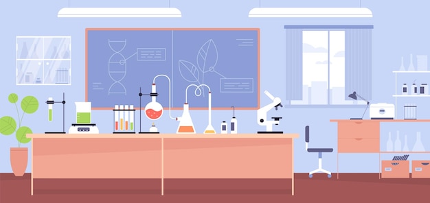 家具、顕微鏡、フラスコ、チューブを備えた化学実験室の内部。学校の化学教室で実験。機器を備えた研究室の色付きフラット漫画ベクトル イラスト。