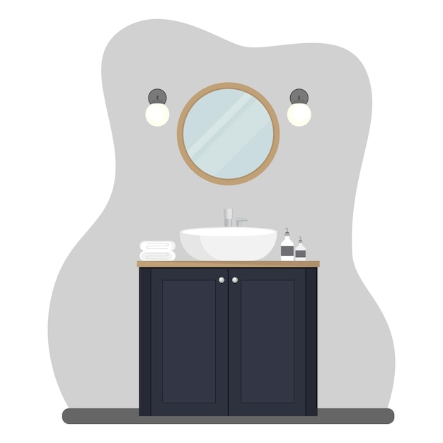 Вектор Интерьер ванной комнаты с мебелью. плоский мультяшный стиль. векторная иллюстрация