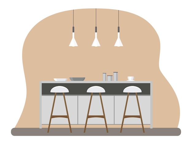 Вектор Интерьер кухни с мебелью. плоский мультяшный стиль. векторная иллюстрация